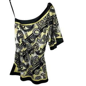 Chime Women's One Shoulder Tunic Top M Paisley‎ Yellow Black White One Shoulder